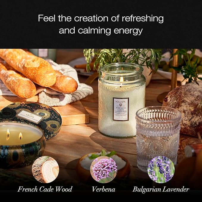 Voluspa French Cade Lavender Candle, 18 oz, Coconut Wax Blend, Scented Candles for Home, 100 Hour Burn Time, Candle Jars
