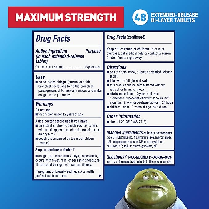 Mucinex 12 Hour Maximum Strength 1200 mg Guaifenesin Extended-Release Tablets for Excess Mucus Relief, Expectorant Aids Excess Mucus Removal, Chest Congestion Relief for Adults, 48 Tablets