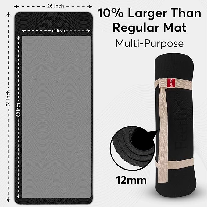 Feetlu Extra Thick 12mm Exercise Mat – Non-Slip, Joint-Friendly & Cushioned Fitness Mat for Yoga, Pilates & Floor Workouts – Durable, Supportive & Includes Feetlu Classic Strap