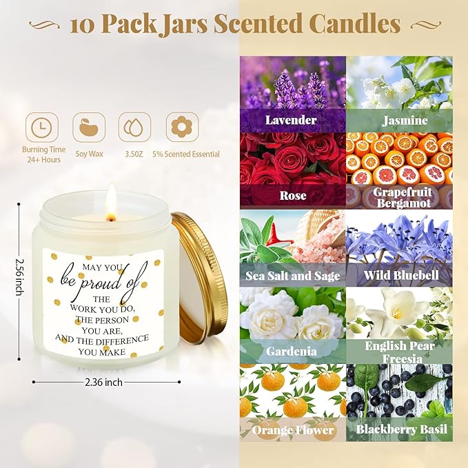 Fumete 10 Pcs Teacher Appreciation Gifts for Coworkers Team Jars Scented Soy Candles 3.5oz Thank You Candles Bulk Gifts for Chaos Coordinator Employee Social Worker Secretaries(White,Proud)