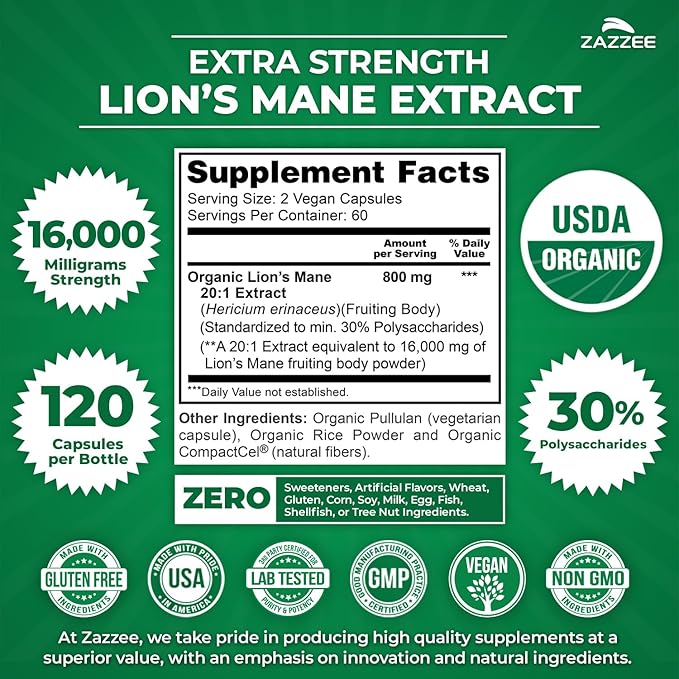 Zazzee USDA Organic Lion's Mane 20:1 Extract, 30% Polysaccharides, 16,000 mg Strength, 120 Vegan Capsules, Nootropic for Brain Health, Focus, Memory, Concentration and Immune Support, Made in The USA