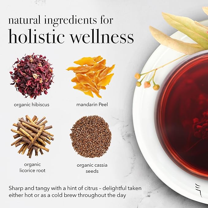 qìsane Organic Hibiscus Tea Bags with Mandarin Peel - Loose Leaf Hibiscus Tea, Organic Licorice Root, Cassia Seeds - Tangy Citrus Flavor to Help Support Strain and Tension - 10 sachets (~30 cups)