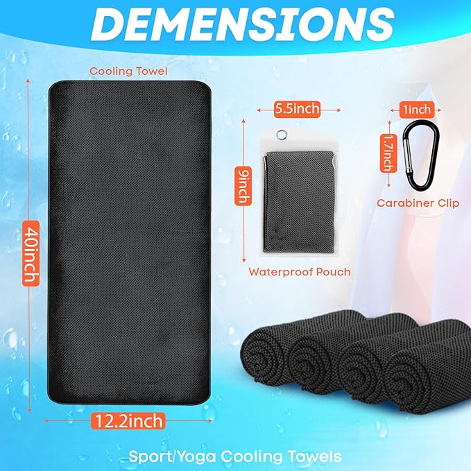 UZIPIN 4 Pack Cooling Towels (40"x 12"), Soft Breathable Gym Towels, Outdoors Ice Towel for Neck and Face, Camp Essentials Microfiber Sweat Towels for Gym, Run, Yoga, Workout, Travel, Climb
