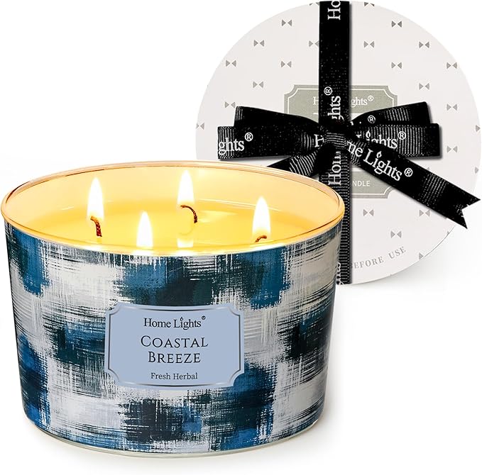 HomeLights Large jar Candle | 4-Wick Long-Lasting Scented Candles, 18oz Natural Soy Wax Candle for Home Scented, Scandinavian Minimalist Design Gifts for Women & Men, Coastal Breeze