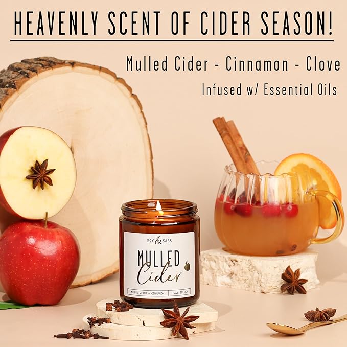 Mulled Cider Candle, Fall Candles I Apple Cider Candle w/Cinnamon & Nutmeg - Infused w/Essential Oils I Mulled Cider Fall Scented Candles (Soy) for Home I 9oz Reusable Jar I 50Hr Burn I Made in USA