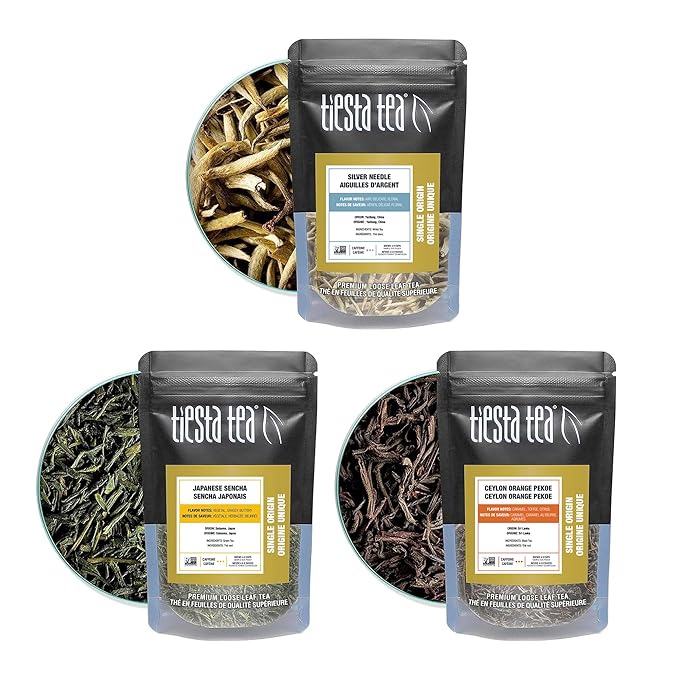 Tiesta Tea - Single Origin Tea Sampler Dry Flight Set, Loose Leaf, High to Low Caffeine, Makes Hot & Iced, Assorted Brew Sets with Green, White, Black & Oolong, 7 Resealable Sample Pouches