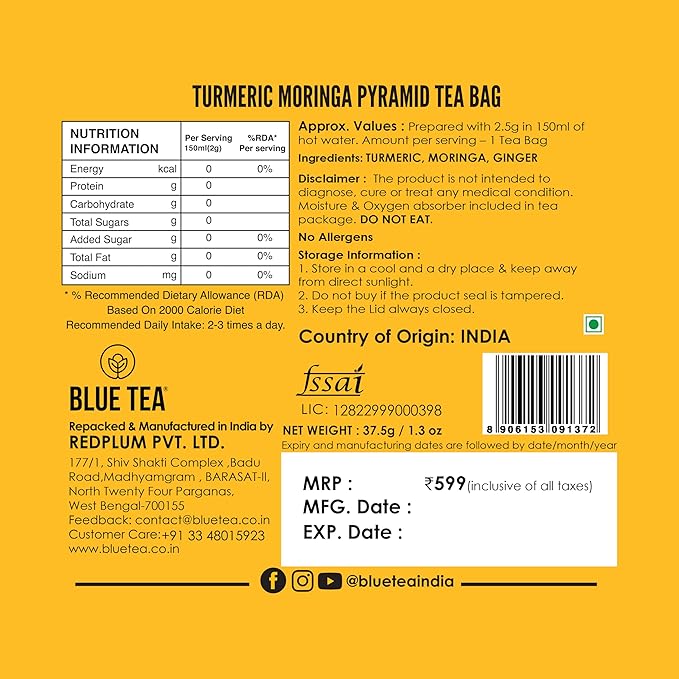 BLUE TEA - Turmeric Tea - Moringa - 15 Count - Pyramid Plant Based Tea Bag | CURCUMIN RICH - HERBAL BLEND | Caffeine Free - Gluten Free - Herbal Tea - Vegan - Mild Flavor - Healthy | Reusable Tin Pack