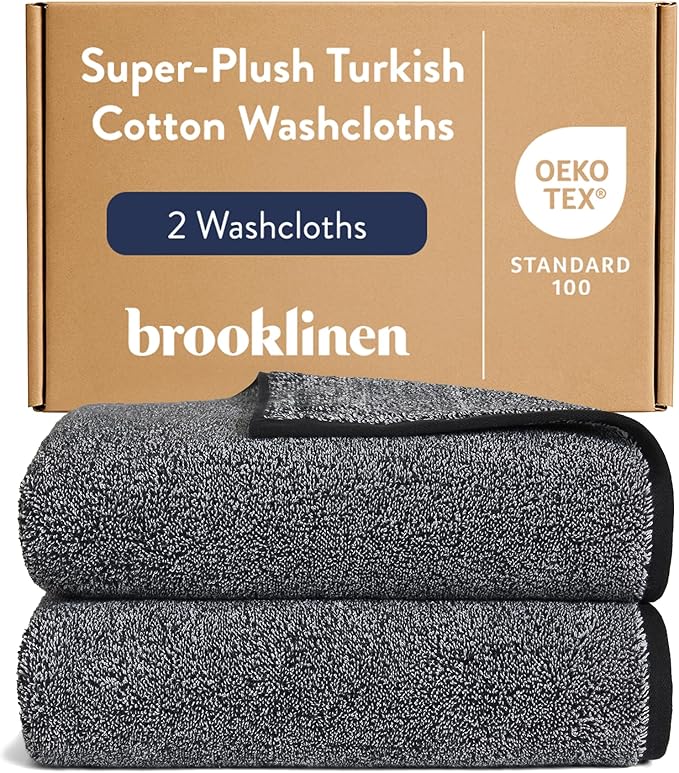 Brooklinen Super-Plush Turkish Cotton Washcloths - Set of 2 - Cotton, 820 GSM, Highly Absorbent, Machine Washable, Perfect for Home & Bathroom (13" x 13", Marled Black)