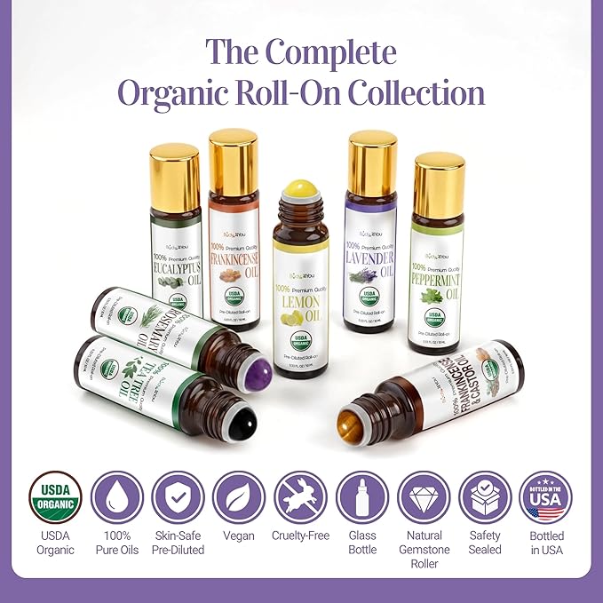 BodyJ4You Lavender Essential Oil Roll On - Pure 100% USDA Organic Coconut Oil - Natural Lapis Lazuli Stone Roller - Calm Aroma Sleep Prep Pulse Point Meditation - Amber Glass Bottle Rollerball (10ml)