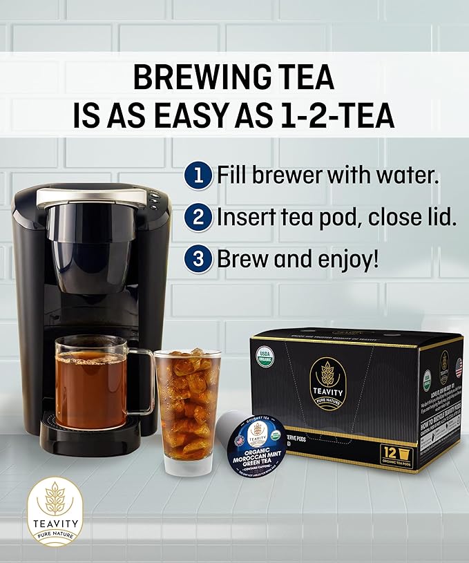 Organic Moroccan Mint Tea and Green Tea Pods for Keurig - Caffeinated Unsweet Tea for K Cup Brewing by Teavity (24 Tea Pods)