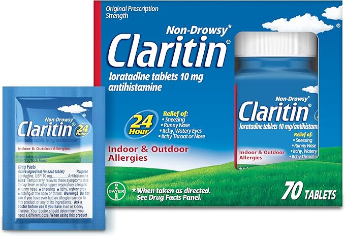 Claritin Allergy Medicine for Adults, 24-Hour Non-Drowsy Loratadine 10mg Pills, Antihistamine, 70 Tablets + 1ct On-The-Go Relief