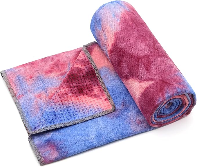 Eunzel Yoga Towel,Hot Yoga Mat Towel with Grip Dots Sweat Absorbent Non-Slip for Hot Yoga, Pilates and Workout 24" x72", Red & Blue