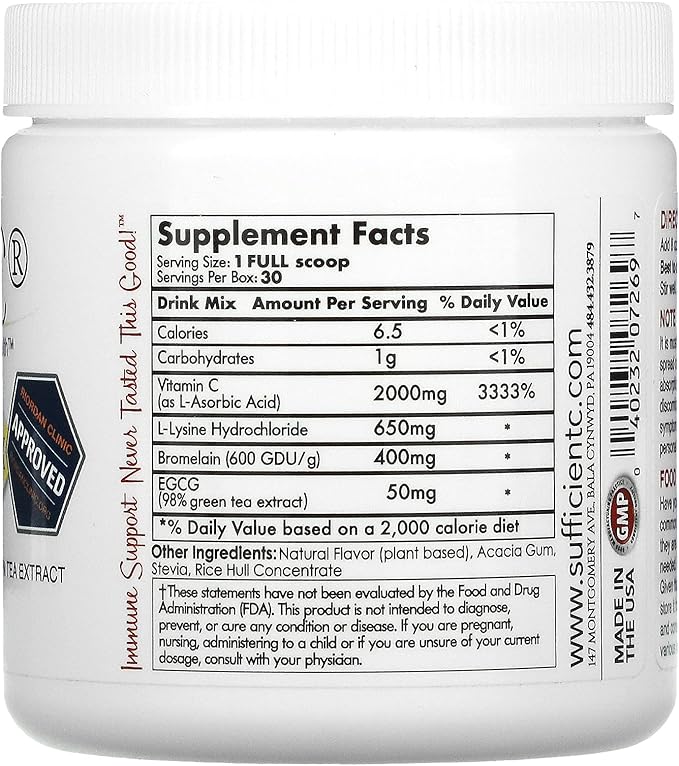 Sufficient-C High Dose Vitamin C Lemon Peach Immune-Ade Drink Mix - 125 gram Three (3) Pack