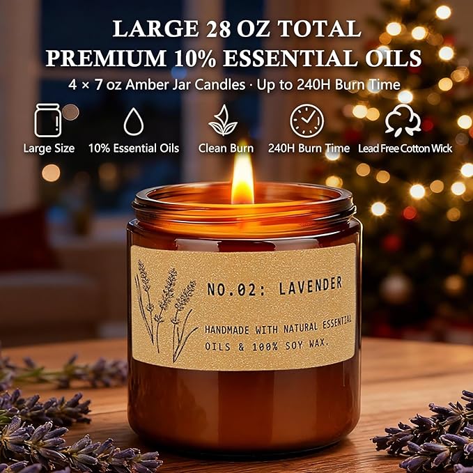 Classic 7 oz Scented Candle Gift Set, 10% Essential Oils Soy Wax Candles in Vintage Amber Jars, Aromatherapy 4-Pack – Sandalwood Rose, Lavender – Luxury Holiday Gifts for Women, Organic Soy Wax