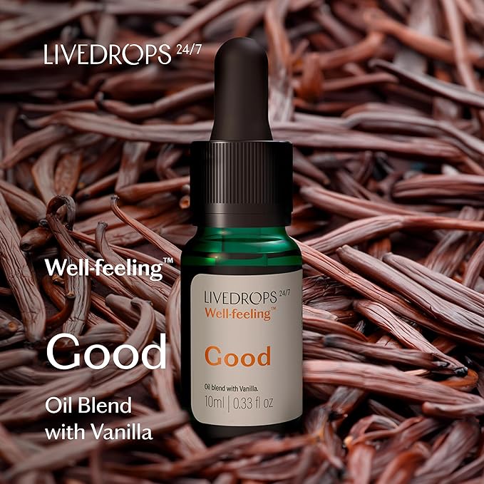 LIVEDROPS 24/7 Good Vanilla Essential Oil Blend, Natural Vegan Aromatherapy for Diffuser or Diluted Skin Use, Sweet Warm Creamy Scent, Made in France, Bottled in USA, Clinically Tested, 10ml