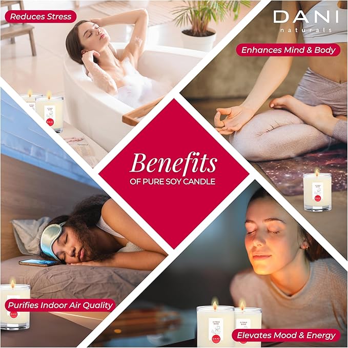 DANI Naturals Soy Candle - Citrus Rose Scented, 100% Pure Soy Wax, Non-Toxic, Long-Lasting, Natural Aromatherapy - 7.5 oz