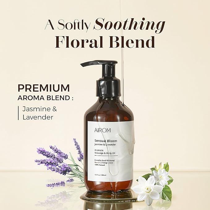 AiROM Jasmine & Lavender Massage Oil for Massage Therapy - Sensual Bloom - Scented Body Oil for Women – Hypoallergenic, Relaxing Aromatherapy, Non-Greasy, Spa Quality - Gift for Her - 6.4 fl oz