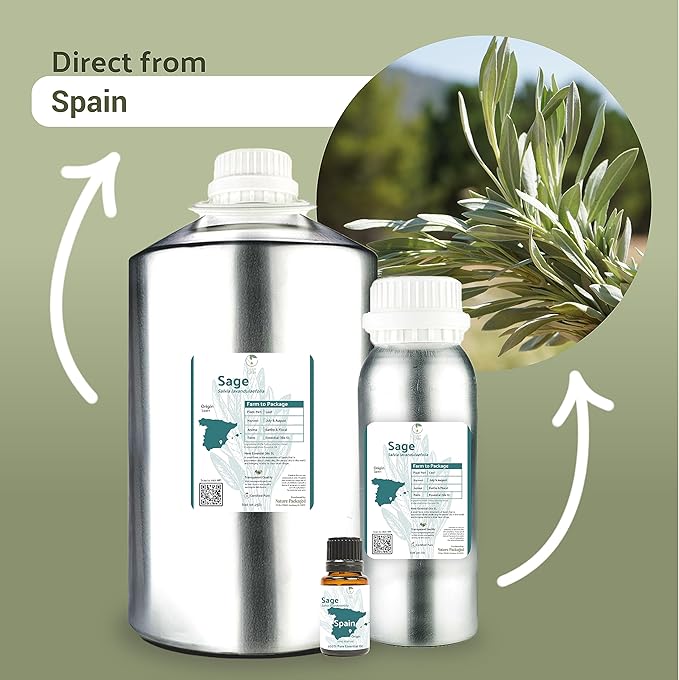 Sage Essential Oil - Direct from Essential Oils SL Spain - Steam Distilled - Aceite Esencial de Salvia for Aromatherapy, Massage, Diffuser, DIY Candle and Soap Making - 2lbs