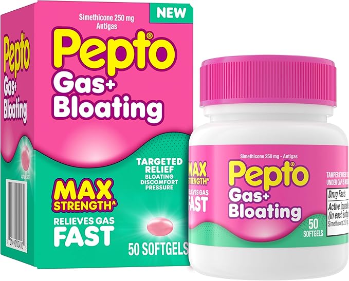 Pepto Gas + Bloating, Simethicone 250 mg Softgels, 50 Count, Gas Relief for Adults, Anti Gas and Bloating, Gas Relief Maximum Strength
