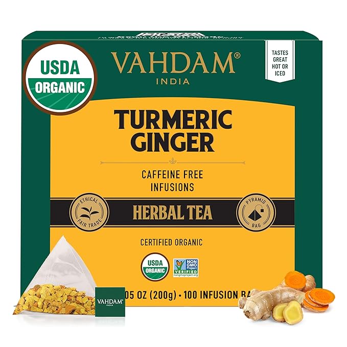 VAHDAM, Organic Turmeric Ginger Herbal Tea Bags (100 Pyramid Tea Bags) Caffeine Free, Non GMO | 100% Pure Herbal Blend - Savory & Spicy, Plant-Based Teabags | Resealable Ziplock Pouch