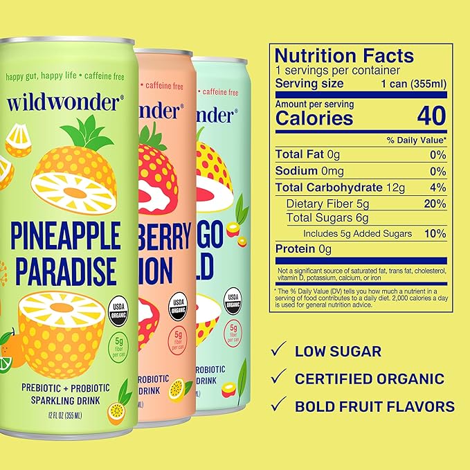 wildwonder Sparkling Probiotic Drink 12pk, For Gut Health & Immune Support, Tropical Vibes Variety, 5g Prebiotic Fiber, Live Probiotics, Organic, Vegan, Low Sugar, 12Pack, 12oz Can, Seen on Shark Tank