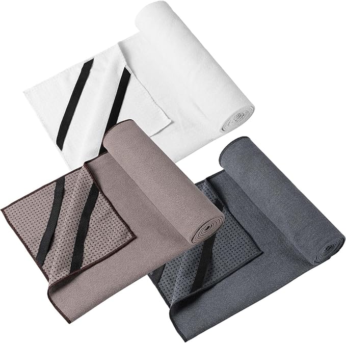Hahafelt 3 Pack Non Slip Hot Yoga Mat Towel with Grip Dot and Secure Fit Elastic Straps 72" x 26" Microfiber Yoga Towel Absorbent Sweat for Pilates Fitness (Beige Dark Gray Coffee)