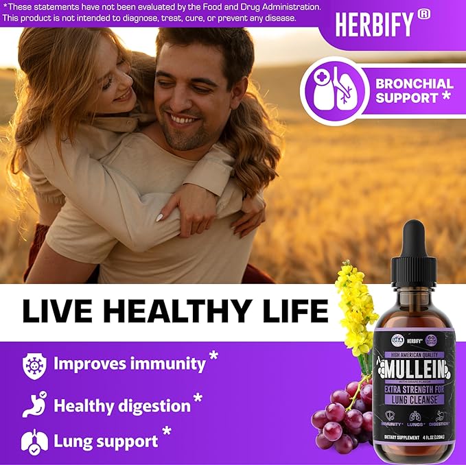 HERBIFY Mullein Drops - Lung Cleanse - Leaf Extract - Powerful Mullein for Immune Support, Detox & Respiratory Support - Made in USA - Herbal Supplements - 4 Oz Grape Flavor
