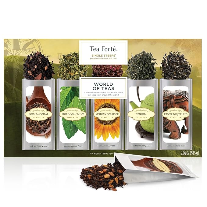 Tea Forte World of Teas Single Steeps Loose Leaf Premium Tea Gift Set Sampler, 15 Count 3 of Each Assorted Blends, Pre-Portioned Single Serve Pouches, Steeps 12 oz
