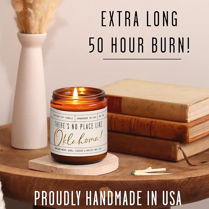 Oklahoma Gifts, Oklahoma Decor for Home - 'There's No Place Like Oklahoma Candle, w/Wood, Ginger & Native Red Clay I Oklahoma Souvenirs I Oklahoma State Gifts I 9oz Jar, 50Hr Burn, USA Made