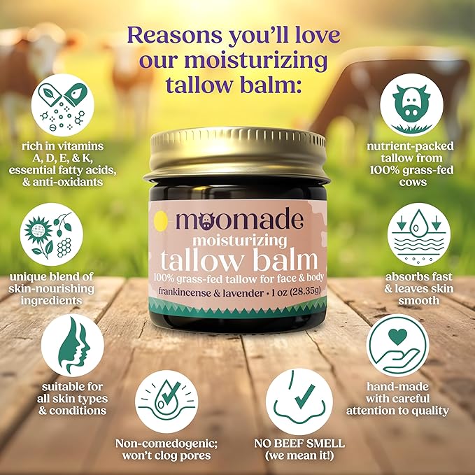 Organic Beef Tallow Bag Balm with Frankincense, Lavender, & Rosehip Oil, 1 oz – Hand Made in USA Tallow Moisturizer for Dry, Sensitive Skin, Rosacea, Eczema | Natural Hydration for Face & Body