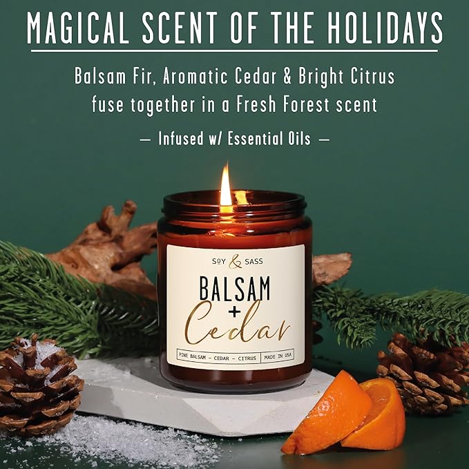 Balsam Candle, Christmas Candles Scented - 'Balsam + Cedar' Soy Candle, w/Balsam Fir, Cedar & Citrus - Infused with Essential Oils I Balsam Fir Candles I 9oz, 50Hr, Made in USA