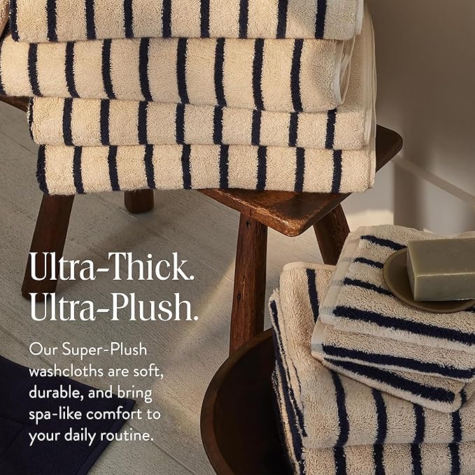 Brooklinen Super-Plush Turkish Cotton Washcloths - Set of 2 - Cotton, 820 GSM, Highly Absorbent, Machine Washable, Perfect for Home & Bathroom (13" x 13", Striped Navy)