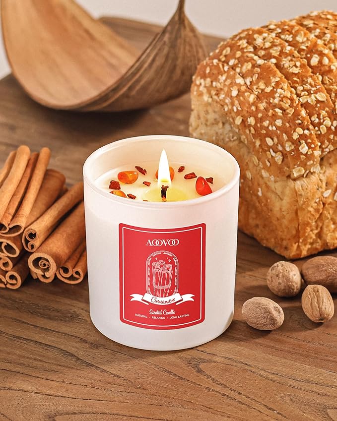 AOOVOO Cinnamon Scented Candles for Women - Aromatherapy Candle with Crystals Inside, 10oz Soy Candles for Home Scented, Birthday Gifts Christmas Candle for Women Mom
