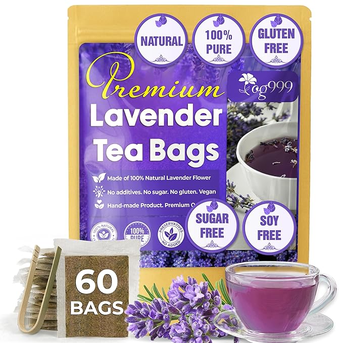 TOG999, Premium 60 Lavender Flower Tea Bags, 100% Natural & Pure. Loose Flower Lavender Herbal Tea. No Sugar, No Caffeine, No Gluten, Vegan.