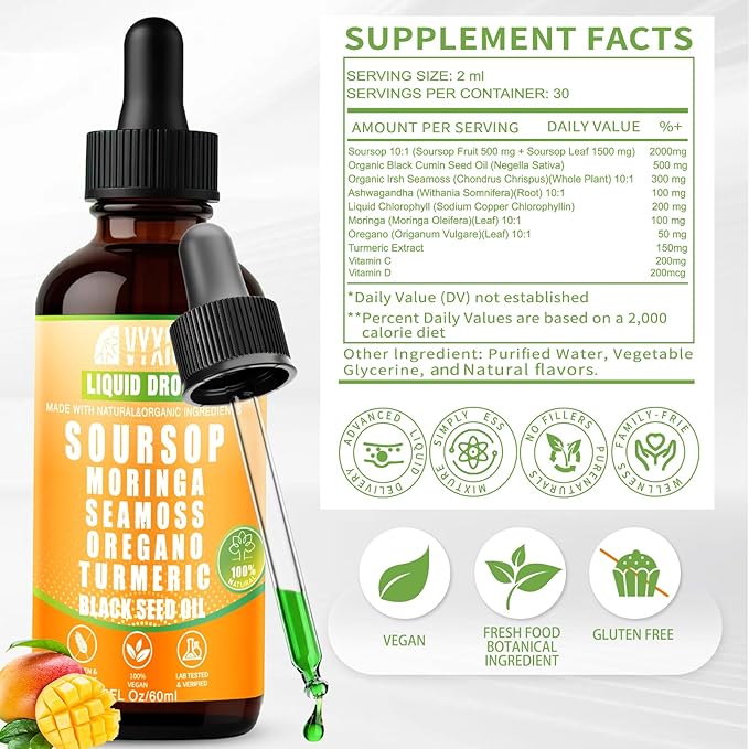 Soursop Bitters Liquid Drops 10 in 1 with Sea Moss, Moringa, Turmeric, Black Seed Oil, Oregano, Ashwagandha | Herbal Extracts for Overall Health-Enhancing | Vegan, Non-GMO | 2 Fl Oz(Mango flavor)