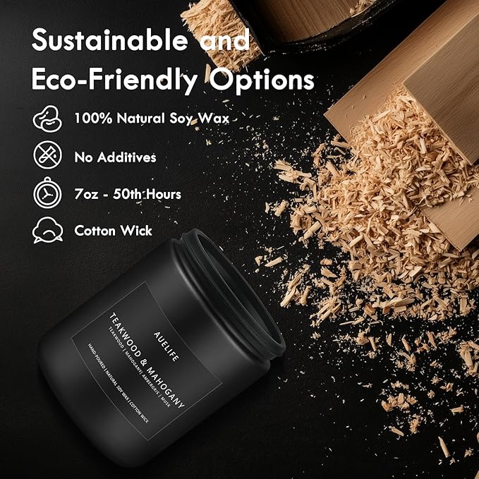 Teakwood & Mahogany Candle | Masculine Candles for Men, Gifts for Men - Soy Candle for Home Scented - Scented Candles for Home, Aromatherapy Gifts Long Lasting Burn Time - 7oz Black Jar