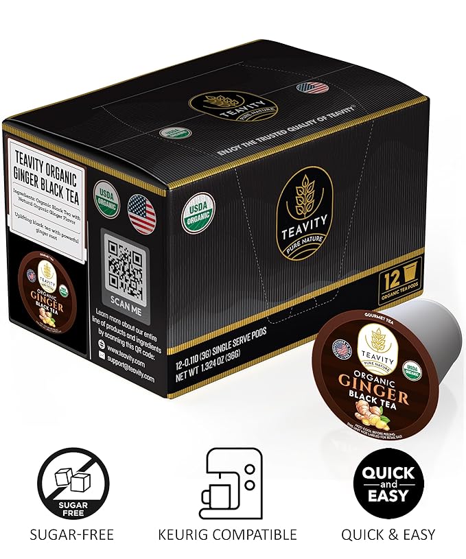 Organic Ginger Tea Pods for Keurig with Unsweet Black Tea for K Cup Brewing - Ginger Black Tea by Teavity (12 Tea Pods)
