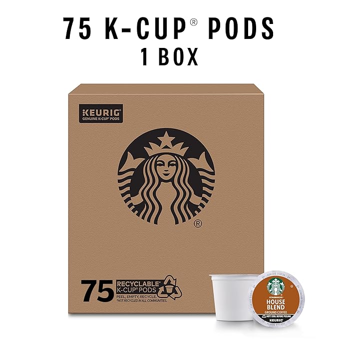 Starbucks K-Cup Coffee Pods, Medium Roast, House Blend for Keurig Coffee Makers, 100% Arabica, 1 Box (75 Pods)