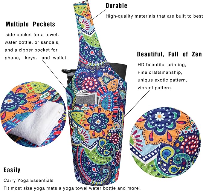 Fashion Printed Yoga Mat Bag with Large Side Pocket & Zipper Pocket Long Tote Yoga Bag Fit Most Size Mats - Holds More Yoga Accessories