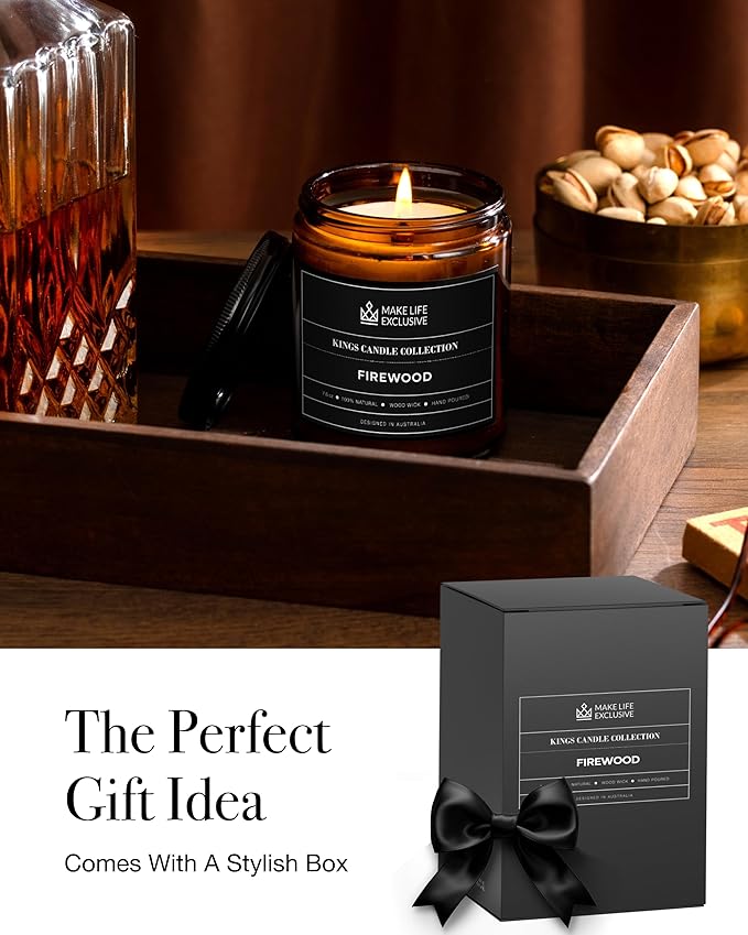 Scented Candles for Men | Firewood & Campfire Scented|Wooden Wick, Long Lasting, Masculine Scents | Natural Soy Jar Candle for Home, Bachelor Pad Decor | The Perfect Mens Gift.