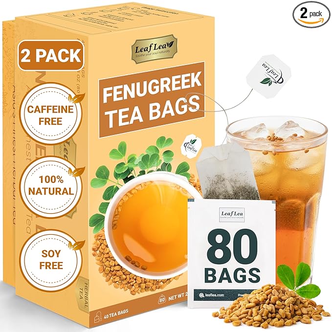 LeafLea 80 Premium Fenugreek Tea Bags, Natural Fenugreek Seed for Toasty Flavor & Sweet Aroma, Fenogreco Tea with Gentle Warmth, Caffeine-Free, Sugar-Free, Vegan, Individually Wrapped for Freshness