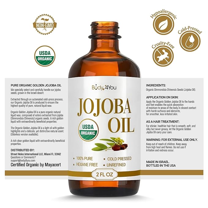 BodyJ4You Organic Jojoba Oil for Skin - USDA Organic 100% Pure Natural - Face Skin Gua Sha Facial Dermaplaning Hair Scalp Massage - Unrefined Cold Pressed Hexane Free - Base Carrier Wax - 2 Fl Oz