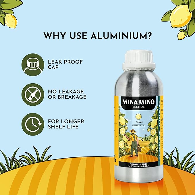 16 fl oz - Lemon Essential Oil (100% Pure & Natural) Large Aluminum Bottle for Aromatherapy, Diffuser, Candle & Soap Making - Minamino Blends