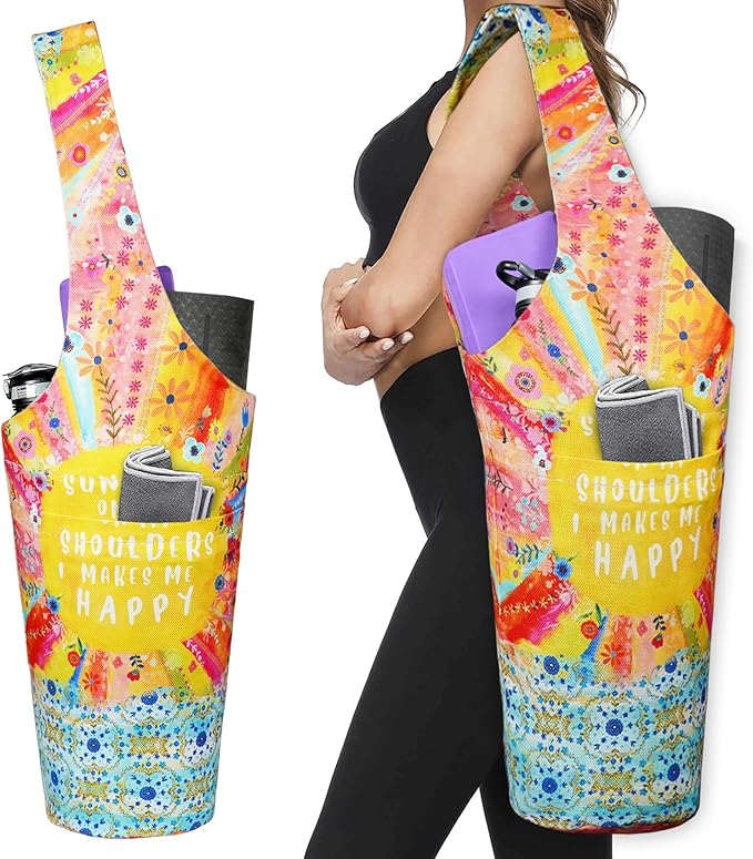 Fashion Printed Yoga Mat Bag with Large Side Pocket & Zipper Pocket Long Tote Yoga Bag Fit Most Size Mats - Holds More Yoga Accessories