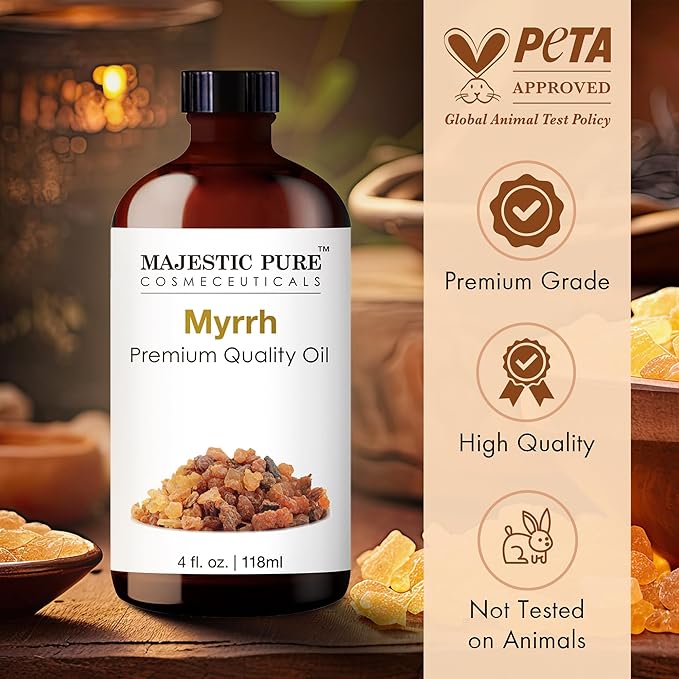 Majestic Pure Essential Oil with Glass Dropper - 100% Pure and Natural - Essential Oils for Diffuser, Aromatherapy, Soap and Candle Making, Myrrh Essential Oil, Myrrh Oil, 4 Fl Oz