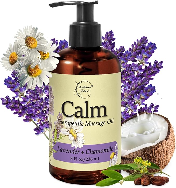 Calm Massage Oil for Massage Therapy with Lavender & Chamomile Essential Oils to Relax Sore Muscles | All Natural with Coconut, Grapeseed & Jojoba for Smooth Skin | Brookethorne Naturals 8oz