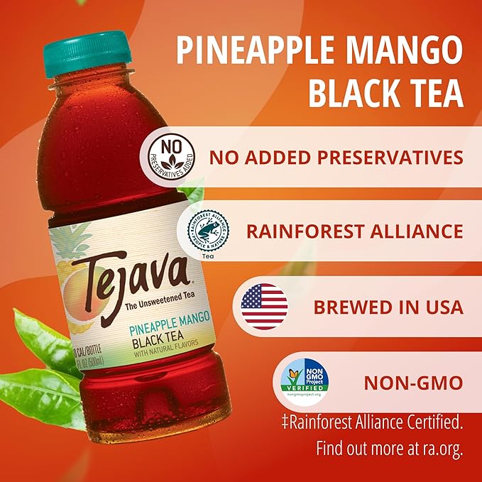 Tejava Pineapple Mango Black Tea, 6 Pack 16.9 oz PET, Unsweetened, Ready-to-Drink Premium Iced Tea