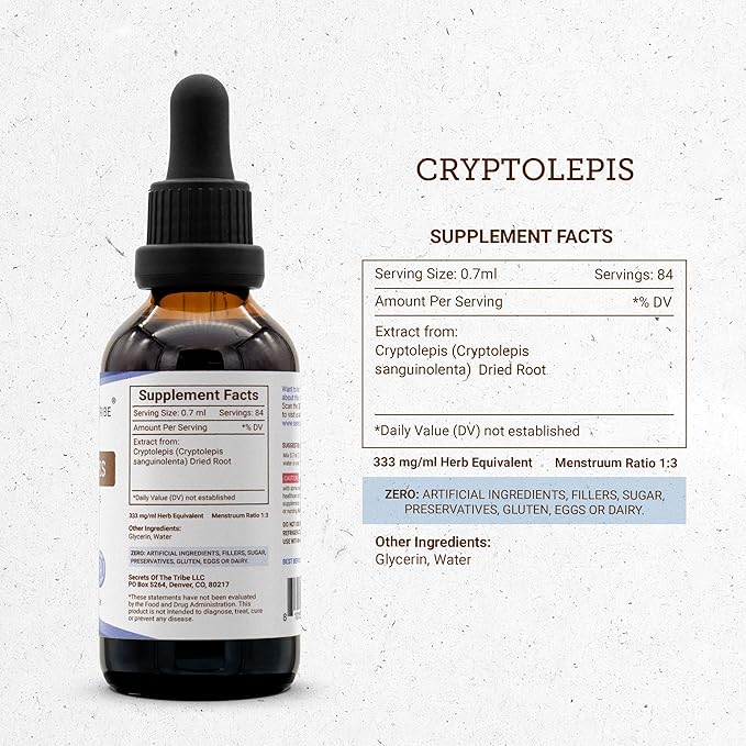 Secrets of the Tribe Cryptolepis Tincture Alcohol-Free Extract, High-Potency Herbal Drops, Tincture Made from Wildcrafted Cryptolepis Sanguinolenta 2 oz