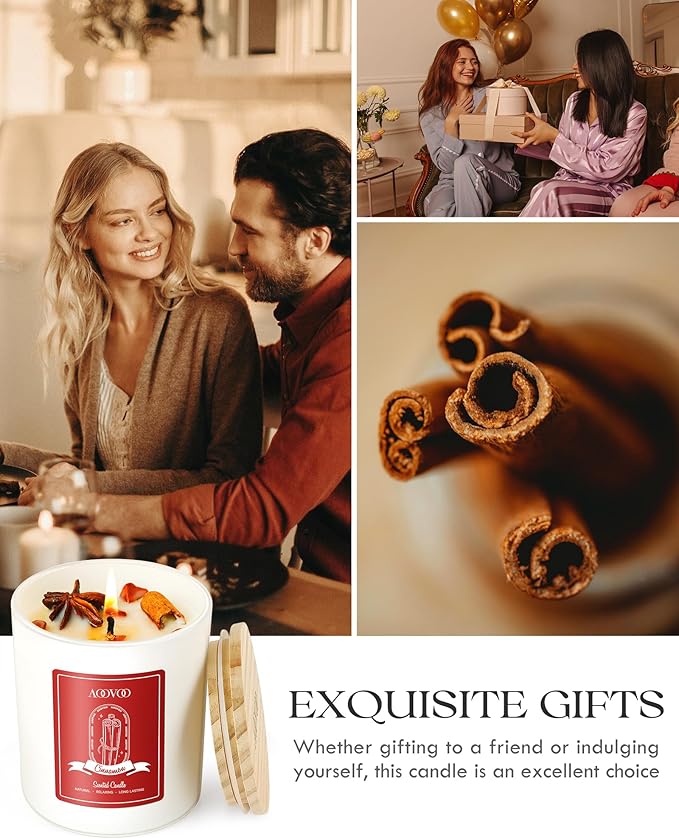 AOOVOO Apple Cinnamon Scented Candles for Women - Aromatherapy Candle with Crystals Inside, 10oz Soy Candles for Home Scented, Birthday Gifts Christmas Candle for Women Mom