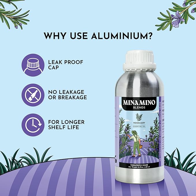 16 fl oz - Rosemary Essential Oil (100% Pure & Natural) Large Aluminum Bottle for Aromatherapy, Diffuser, Candle & Soap Making - Minamino Blends